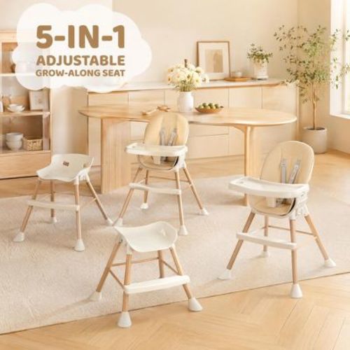 JOYMOR 5 in 1 Convertible Baby High Chair,Easy Clean, Infant Highchair with Removable Double Tray & 5-Point Harness
