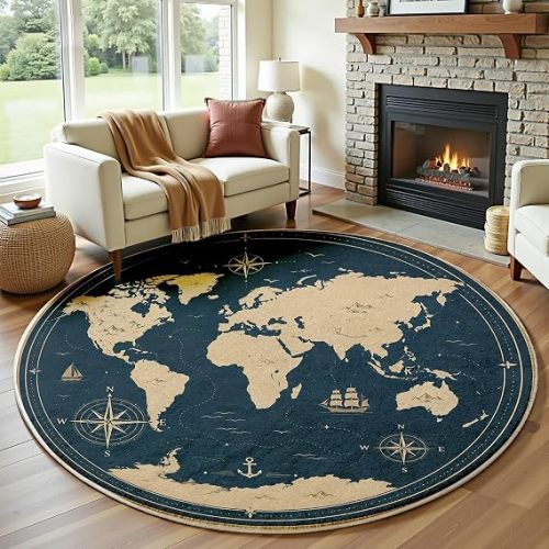 Nautical Compass Round Rugs 4Ft, Navy Beige Map Rug, Washable Non Slip | Blue Circle Area Rug, Vintage Coastal Atlas Carpet for Living Room, Entryway, Bedroom, Office Home Decor