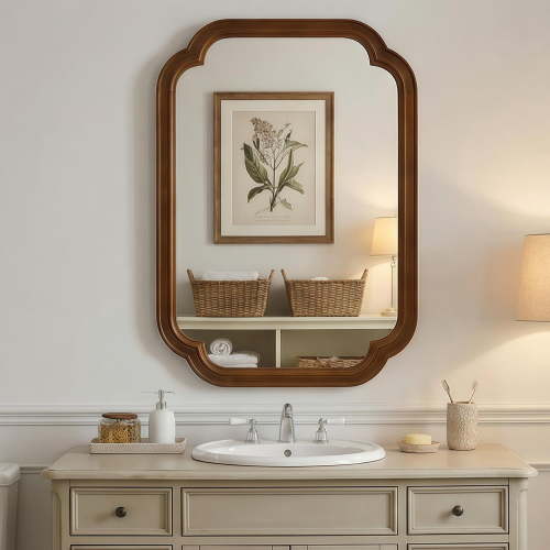 20x30-Inch Rounded Corner Solid Wood Frame Mirror, Decorative Wall Mirror and Vanity Mirror for Bedroom Bathroom Living Room Entryway, Black Walnut