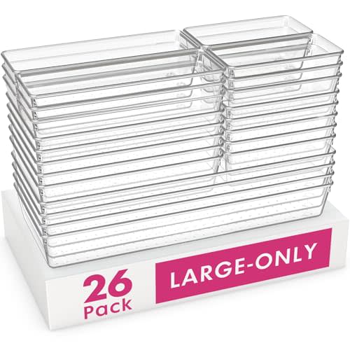 Criusia 26 Pack Large Clear Plastic Drawer Organizer Bins -5 Size Heavy Duty Acrylic Kitchen Drawer Organizers and Storage for Utensils -Bathroom Drawer Organizer Trays for Makeup Office Organization