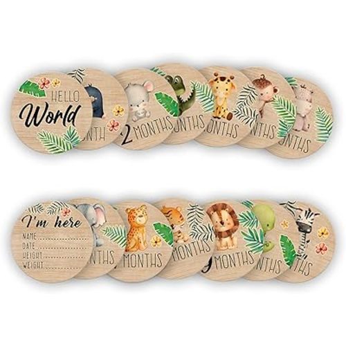 Cartes d'étapes mensuelles pour bébé, disques en bois d'animaux de la jungle pour photo de bébé prise avec panneaux Hello World – 14 côtés ronds pour documenter la croissance