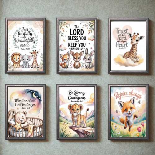 Christian Nursery Animal Bible Verse Prints (Set of 6) • Scripture Wall Art for Baby Room • Digital JPG/PNG/PDF Download
