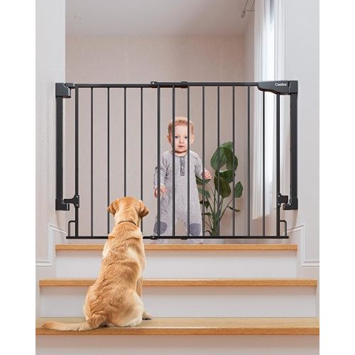 Cumbor 29.2–43" Baby Gate for Stairs, Wall-Mounted (Drill Required), Expandable No Bottom Bar Dog Gate, Auto Close Extra Wide Walk Thru, Pet & Toddler Proof Gate, Top & Bottom of Stairways(Black)