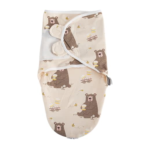 HOUSBAY Baby Swaddle Blanket Boy Girl Super Soft 100% Cotton Newborn Adjustable Swaddles 2-Way Zipper Sleep Sack 1 Pack (Honey Bear, Small/Medium | 0-3 Months)