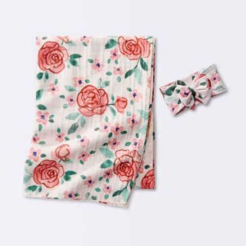 Hospital Muslin Swaddle Baby Blanket and Headband Gift Set - Floral Blooms - 2pk - Cloud Island™