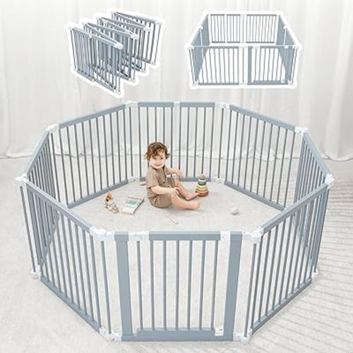 Comfy Cubs Baby Gate Playpen - 57 x 57 x 25 in, Extends Up to 228” - Pine Wood Foldable Playpen with Child-Proof Lock - Easy Assembly Baby Fence Play Area for Babies & Toddlers - Pacific Blue
