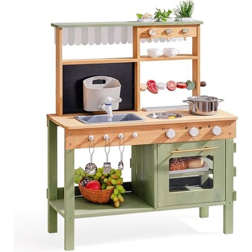 ROBOTIME Mud Kitchen for Kids, Outdoor Wooden Playset with Mud Kitchen, Sink, BBQ Grill, Coffee Maker, Planting Area & Oven, Pretend Play Kitchen for Outdoor Fun Ages 3+