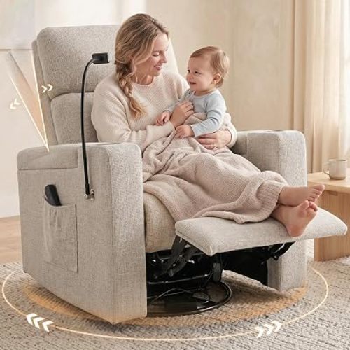 Power Recliner Rocking Chair Nursery, Swivel Glider, Light Brown