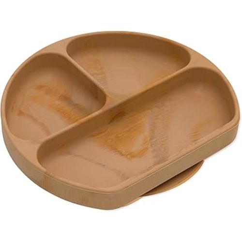 Bumkins Toddler and Baby Suction Plate, Silicone Divided Grip Dish for Babies and Kids, Baby Led Weaning, Children Feeding Supplies, Non Skid Sticky Bottom, Platinum Silicone, 6 Months Up, Woodgrain