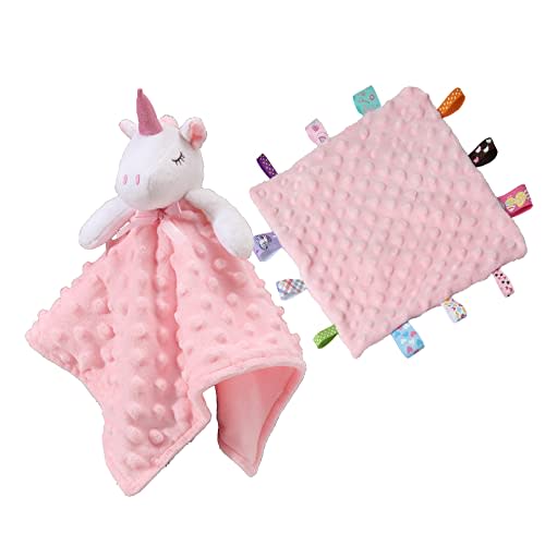 CREVENT Cozy Plush Baby Security Blanket Loveys for Baby Girls, Minky Dot Front + Sherpa Backing with Animal Face (Pink Unicorn + Tag)