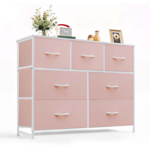 Simenmax 7 Drawer Dresser for Bedroom, Fabric Storage Dresser for Bedroom, Wood and Metal Dresser TV Stand for Living Room, Entryway Pink