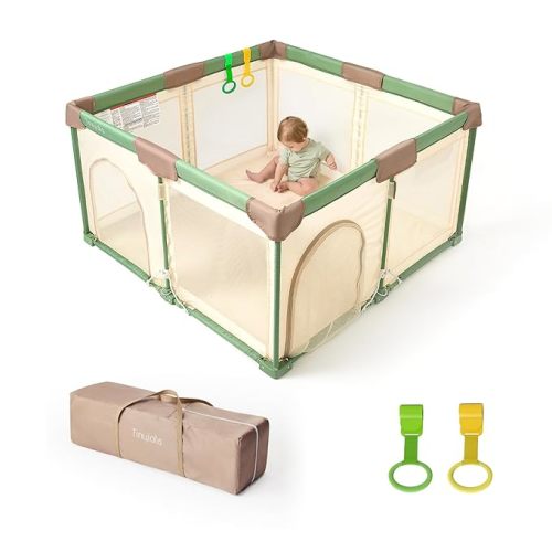 Tinyiota Foldable Baby Playpen, 50x50 Inch Portable Play Yard for Babies and Toddlers with Soft Breathable Mesh, Storage Bag & 2 Pull-Toy Handles for Indoor & Outdoor (Brown, 50x50)