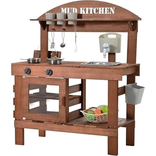 Mud Kitchen for Kids Outdoor, Kids Play Kitchen with Accessories 31.5 in Wooden Play Kitchen Set with Sink, Faucet, Plants Observation Room, Toddler Outdoor Mud Kitchen for Backyard Garden