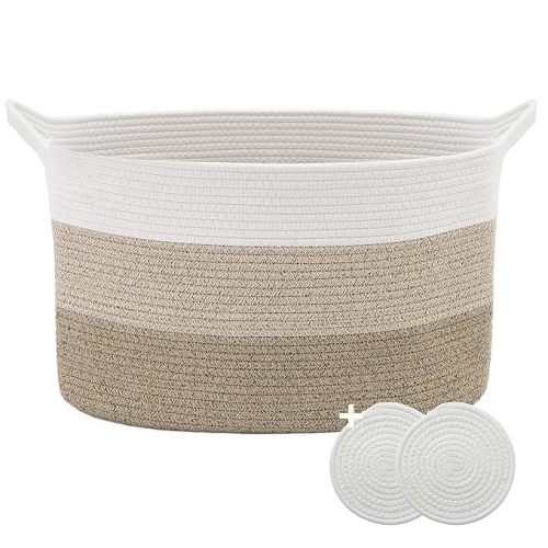 Woven Basket 18"*14"*12" Blanket Storage Basket Toy Organizer Decorative Basket with 2 Free Cotton Rope Coasters