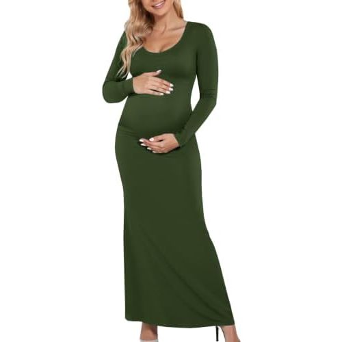 Yousify Womens Maternity Maxi Dress Long Sleeve Slim Fit Pregnancy Clothes