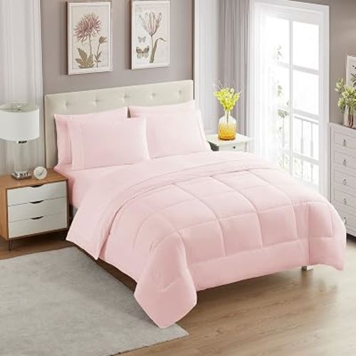 Sweet Home Collection 7 Piece Comforter Set Bag Solid Color All Season Soft Down Alternative Blanket & Luxurious Microfiber Bed Sheets, Pale Pink, Full