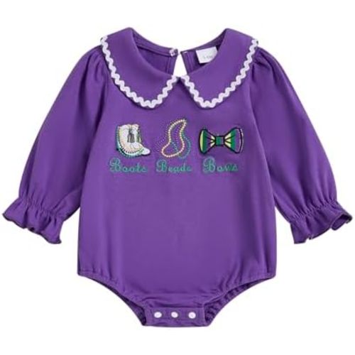 Baby Girl Mardi Gras Outfit Boots Beads Bows Embroidery Peter Pan Collar Long Sleeve Bodysuit Spring Bubble Romper