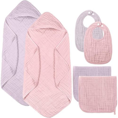 6 Pcs Muslin Hooded Bath Towels Washcloths and Bibs Set, Muslin Cotton Baby Towels Absorbent Hooded Blanket Towel Infant Bibs for Boys Girls Newborn Infant Essential(Pink, Purple)