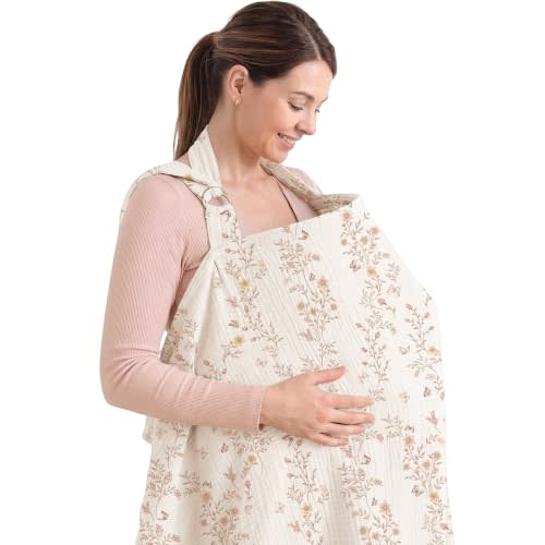 Konssy Muslin Nursing Cover Up for Breastfeeding with Rigid Hoop | 100% Cotton Nursing Apron, Lightweight & Breathable, Carseat Canopy, Breast Feeding Covers for Women (Floral)