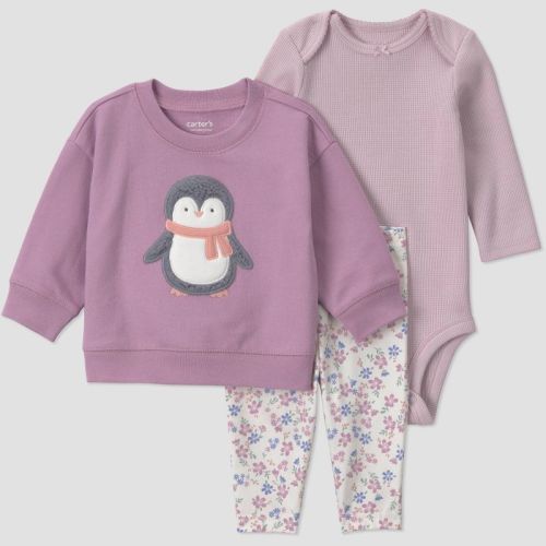 Carter's Just One You® Baby Girls' 3pc Penguin Sweatshirt, Long Sleeve Bodysuit and Floral Leggings Set - Purple 12M