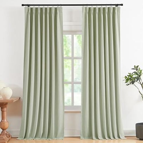 Vision Home Soft Green Pinch Pleated Full Blackout Curtains Linen Blended Room Darkening Curtain Panels 90 inch for Living Room Bedroom Thermal Insulated Pinch Pleat Drapes with Hooks 40" Wx90 Lx2