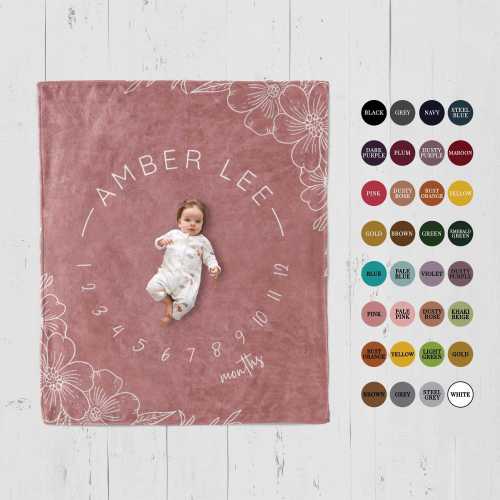 Personalized Baby Girl Milestone Blanket: Floral Month Tracker, Custom Photo Prop with Name