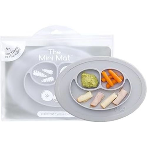 ezpz Mini Mat (Pewter) - 6 -12 Months+ - 100% Silicone Suction Placemat + Divided Plate with Three Compartments - Supports Baby-Led Weaning - Designed for Highchair, Table, and Travel