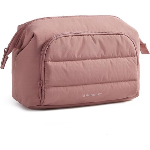BAGSMART Travel Makeup Bag, Cosmetic Bag Small Make Up Organizer Case,Wide-open Pouch for Women Purse for Toiletries Accessories Brushes,Large Beige