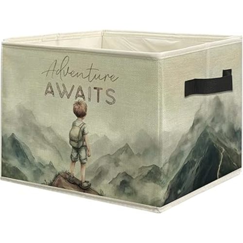 Adventure Awaits Boy Nursery Storage Bins, Watercolor Mountain Collapsible Storage Box Laundry Basket with Handle for Boys Bedroom Bathroom Playroom Nursery Clothes Toys Books