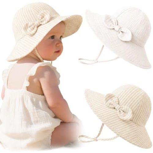 Konssy Muslin Baby Sun Hat 2-Pack, UPF 50+ Sun Protection Wide Brim Summer Beach Hat, Bucket Hat for Girls and Boys