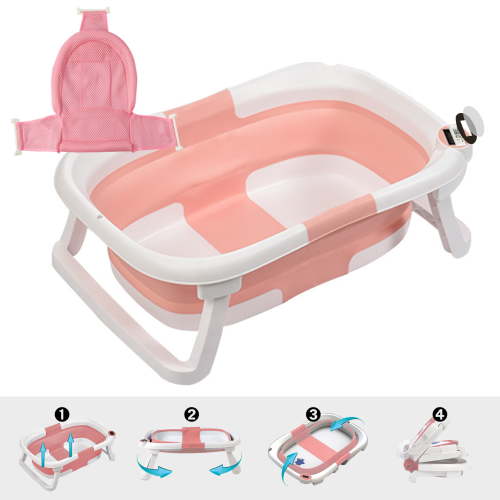 Collapsible Baby Bathtub for Infants to Toddler, Portable Travel Bathtub Multifunctional Bathtub with Drain Hole, Baby Folding Bathtub for Newborn 0-36 Month (Pink+Floating Baby Bath Cushion)