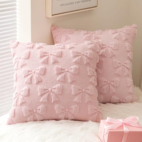MIULEE Light Pink Bow Pillow Covers Coquette Room Decor Aesthetic Set of 2 Decorative Cute Girl Vlentine Pillow Covers Spring Soft Plush Faux Pillowcase for Preppy Room Decor Bedroom Couch,18x18 Inch