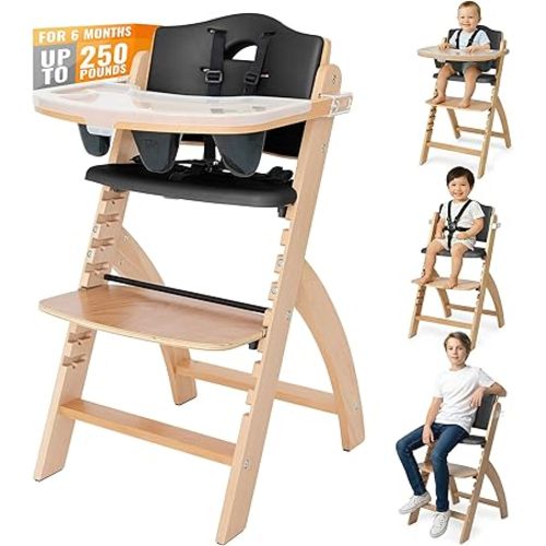 Abiie Beyond Junior Wooden High Chair with Tray - Adjustable and Convertible High Chair for Babies and Toddlers - 6 Months to 250 Lb - Water Resistant - Natural Wood/Black Pearl Cushion