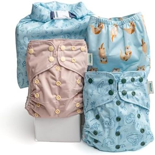 Kinder Cloth Diapers Reusable Baby Diapers Pocket Style Athletic Wicking Jersey, Wet Bag, Newborn to Potty Training 7-60lbs, One Size, Inserts NOT Included (Otterly Sweet, 3 Pack, Without Inserts)