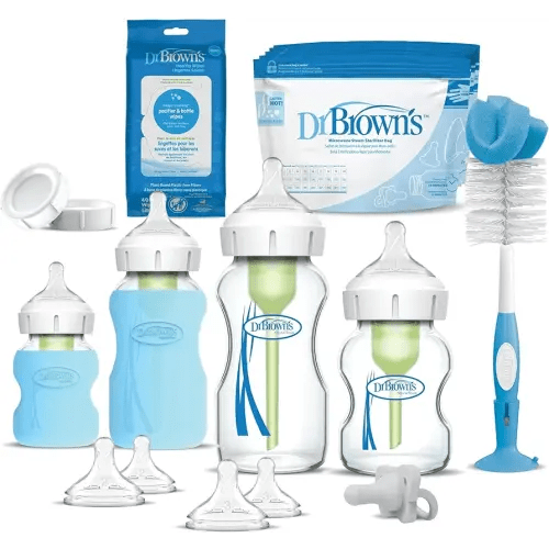 Dr. Brown's Natural Flow Anti-Colic Options+ Wide-Neck Glass Baby Bottle Starter Set with 100% Silicone Glass Bottle Sleeves, Baby Bottle Brush, Prevent Pacifier and Pacifier and Bottle Wipes