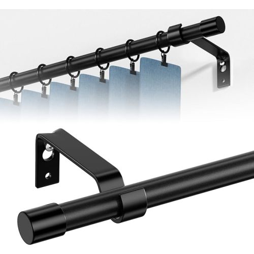 Curtain Rods for Windows 28 to 48 inch, Black Curtain Rod 2 Pack, 5/8" Diameter Metal Curtain Rod Set of 2 with Brackets, Splicing Adjustable Curtain Rod for Bedroom, Living Room, Kitchen, Black