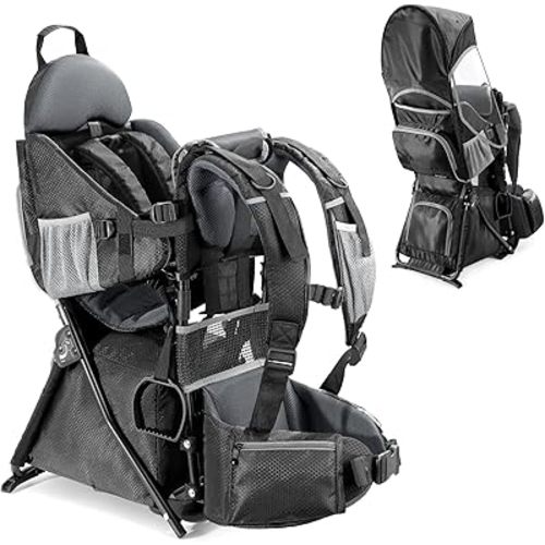 besrey Baby Backpack Carrier, Toddler Hiking Backpack with Safety 3-Height Seat, Adjustable Straps&Waist Belt, Foldable Frame Lightweight Large Capacity Child Carrier for Hiking (Shiny Black)