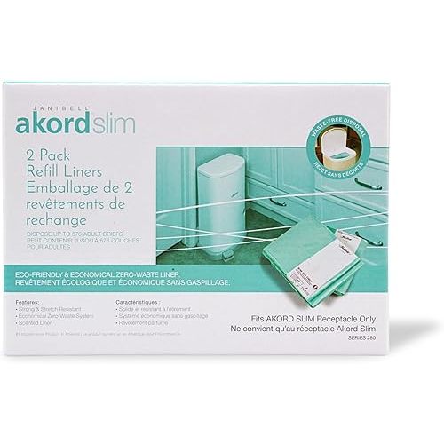 Janibell Akord Slim Diaper Pail Refill Liners, 2 Count, Scented & Stretch-Resistant, Holds Up to 288 Adult Briefs per Roll, Fits Akord Slim System, Easy Cut & Tie, Odor Control, Pack of 1