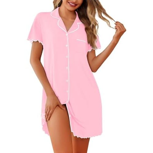 Ekouaer Nightgowns for Women Button Down Sleep Shirt Short Sleeve NightShirts Boyfriend Sleepdress Soft Pajama Dress