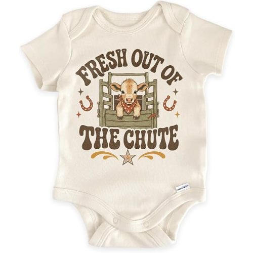 Fresh Out Of The Chute Western Baby Reveal Bodysuit (0-3 Months, Natural) | Rodeo Pregnancy Announcement, Cow Chute Newborn Outfit, Ranch Family Surprise, Cowboy Baby Shower, Western Photo Prop