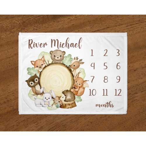 Woodland Milestone Blanket, Personalized Rustic Forest Animals Wood Log Bear Fox Deer Raccoon, Newborn Photo Prop, Baby Shower Gift B1792