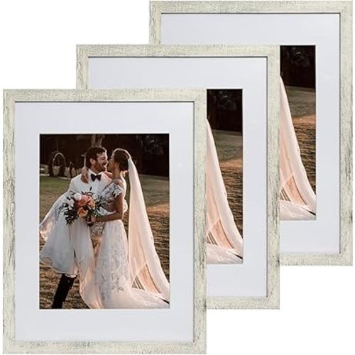 12x16 Farmhouse Picture Frames Set of 3, Photo Frame Display 9x12 Pictures with Mat or 12x16 without Mat, Hang on the Wall, Distressed White