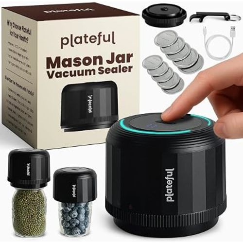 Plateful VacuFresh Vacuum Sealer for Mason Jars, Cordless, 10 Lids Included