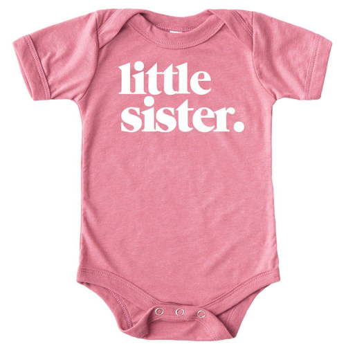 Olive Loves Apple Little Sister Bodysuit for Baby Girls Sibling Outfit White on Mauve Bodysuit Newborn