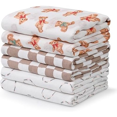 GLLQUEN BABY Receiving Blanket Boy Cotton Muslin Swaddle Blankets Girl Newborn Squares Breathable & Soft Thin Baby Blankets Cloths Double Absorbent Infant Swaddling Wrap - 6 Pack (Christmas Bear)