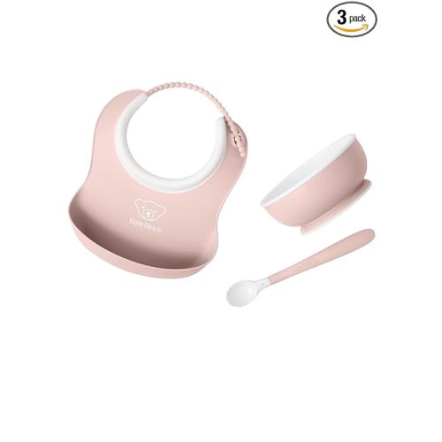 BabyBjörn Baby Feeding Set, 3 pcs, Powder Pink | Includes Baby Plate, Baby Spoon, | Dishwasher Safe | Toddler Feeding Set for self-Feeding or Baby-led weaning