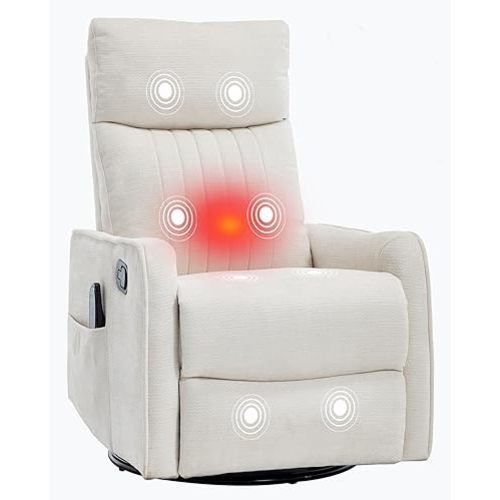PELUMY 360 Swivel Rocking Recliner Chair for Adults, Nursery Rocking Chair with Heat and Massage, Glider Reclining Chair for Small Space, Living Room, Bedroom (Chenille, Beige)