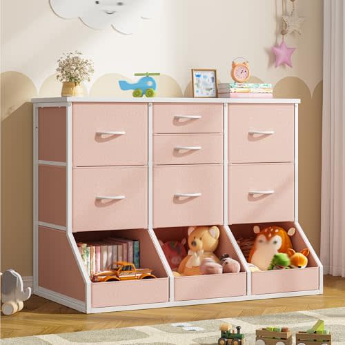 Romorgniz Dresser for Bedroom, 7 Drawer and 3 Open Cubby, Modern Bedroom | Fabric dresser with waterproof wooden top, stable anti-tilt device, multiple color options to suit various decoration stylesy