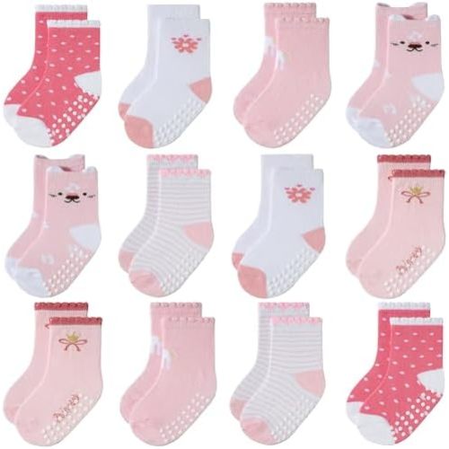 JAKIDAR Baby Toddler Grip Socks, 12 Pairs Non-Slip Crew Cotton Socks for Girls Boys
