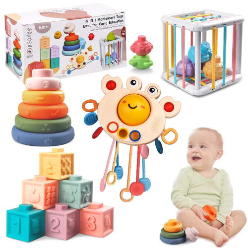 4 in 1 Baby Montessori Toys for 1 Year Old -Sensory Pull String Toys for Baby 6-12 Months, Fine Motor Skills Toys for 1 Years Old Easter Gifts